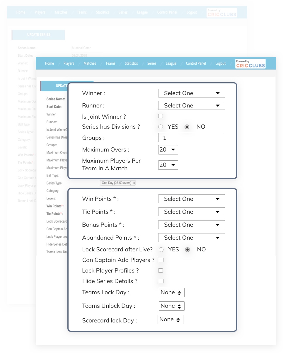 league management dashboard homepage